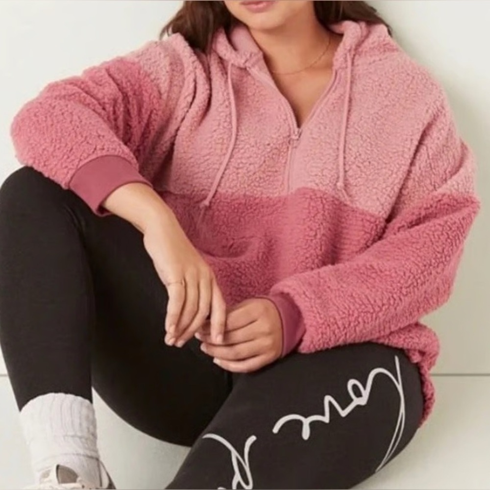 Victoria's Secret $80 PINK VARSITY SHERPA HALF ZIP Pullover colorblock Large